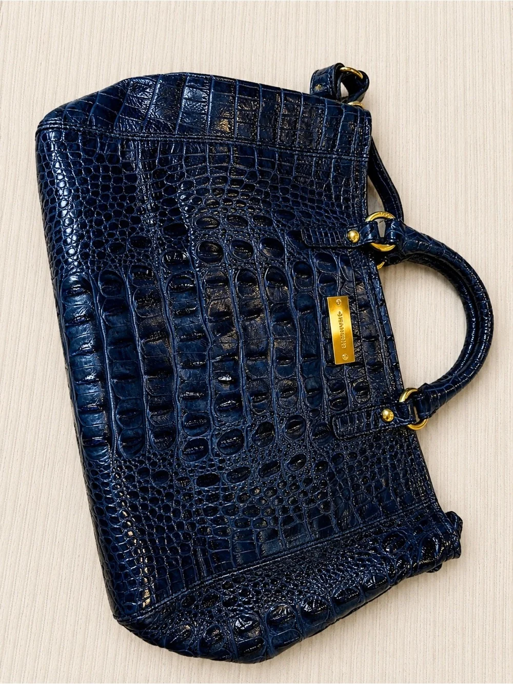 Brahmin Navy Croc-Embossed Satchel with Gold Hardware